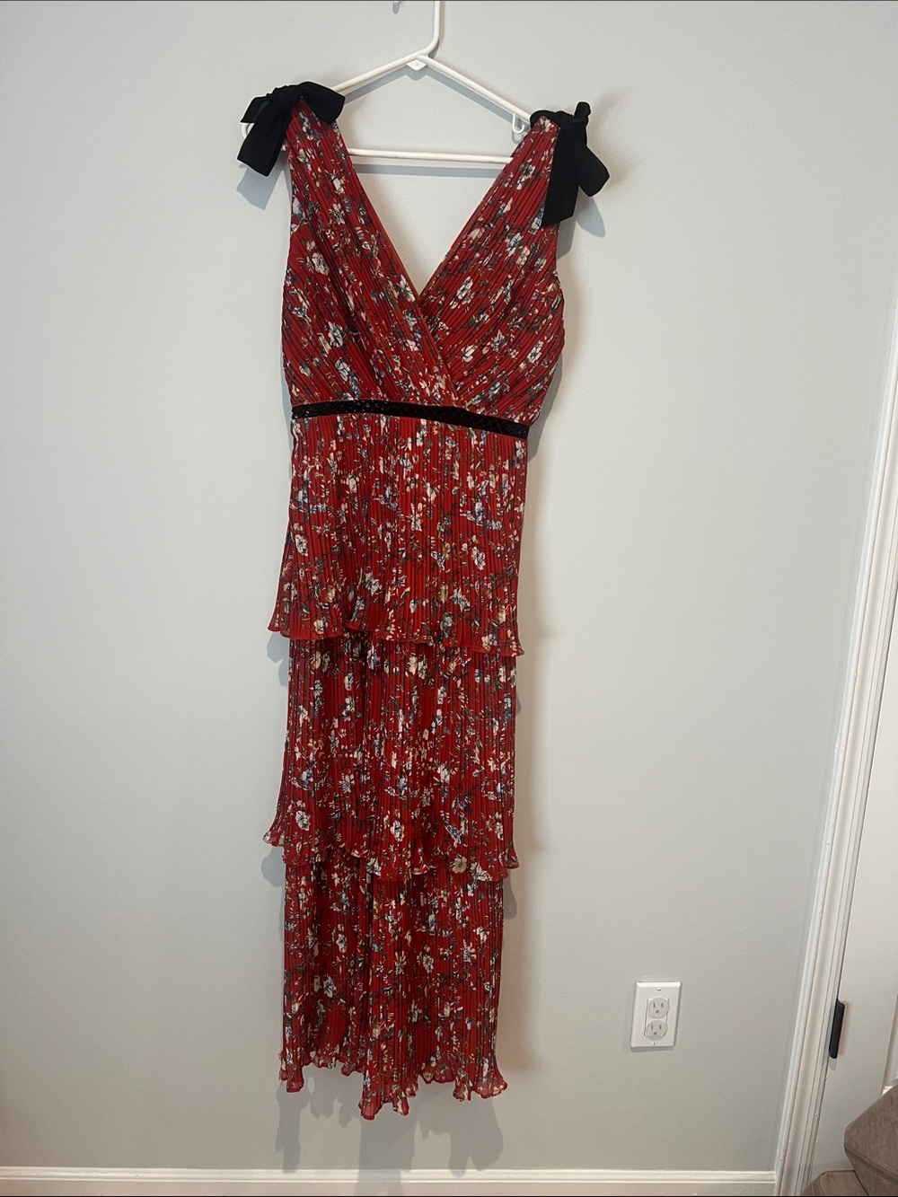 Lulu's Red Floral Tiered Maxi Dress with Black Tie Straps